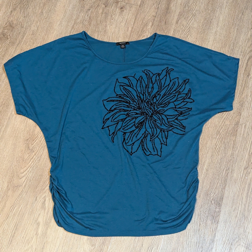 Women's Espresso Teal Blue Floral Beaded Size 1X